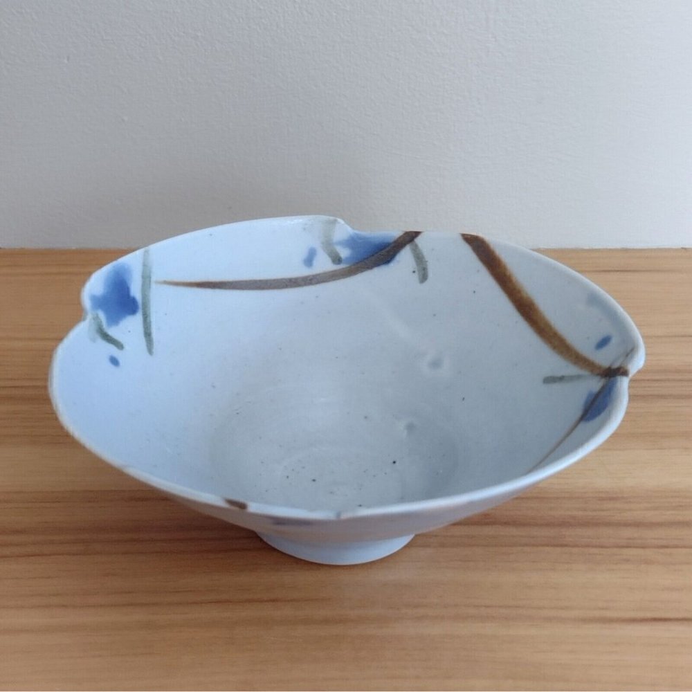 Vintage Signed Allen Studio Pottery Blue Floral Bowl Footed Trinket Cottage